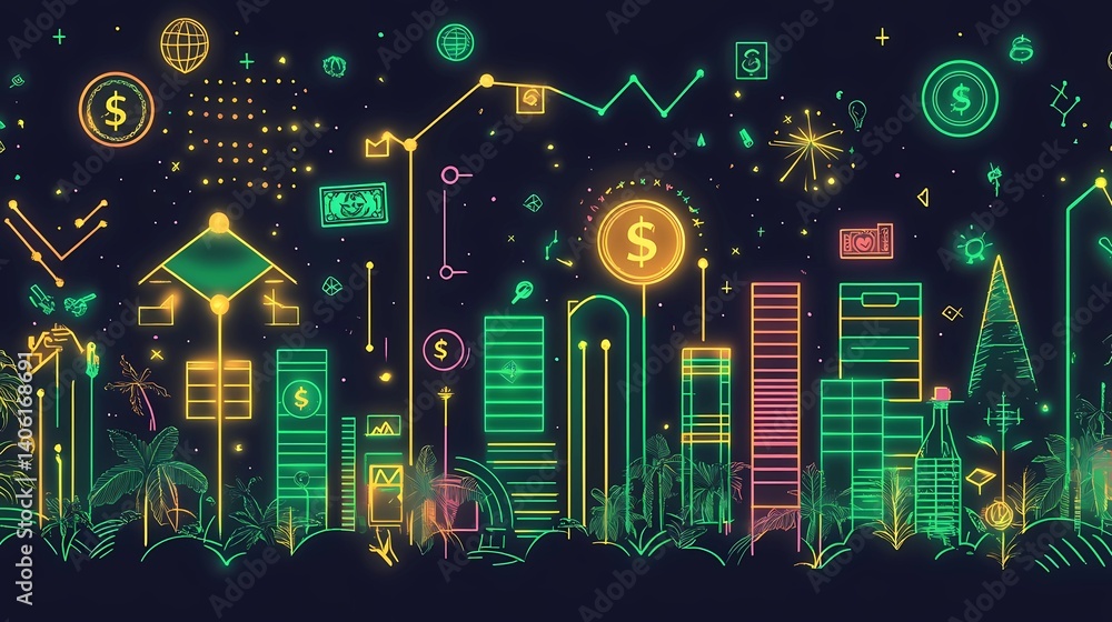 Obraz premium Modern line art illustration of success symbols and financial growth imagery, Be a Millionaire Day aspirational scene, continuous flowing linework, strategic color accents