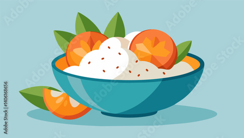 A cup of lowfat cottage cheese paired with sliced peaches and a sprinkle of cinnamon for a balance of protein fiber and natural sweetness.. Vector illustration
