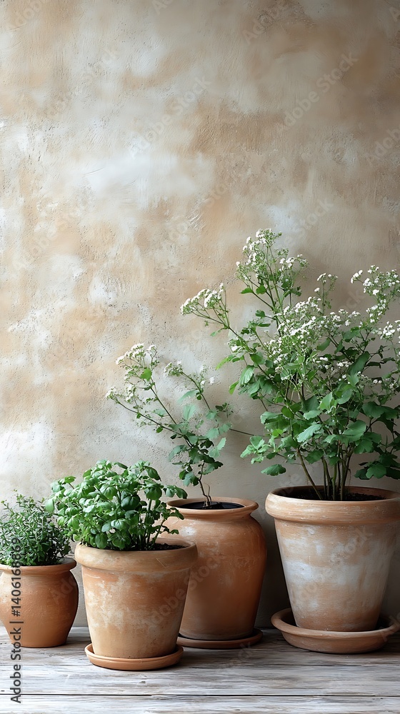 Charming Plants in Terracotta Pots against Textured Wall, Bringing Natural Beauty and Serenity to Indoor Spaces and Home Decor.