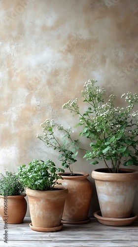 Obraz na płótnie Charming Plants in Terracotta Pots against Textured Wall, Bringing Natural Beauty and Serenity to Indoor Spaces and Home Decor. w salonie