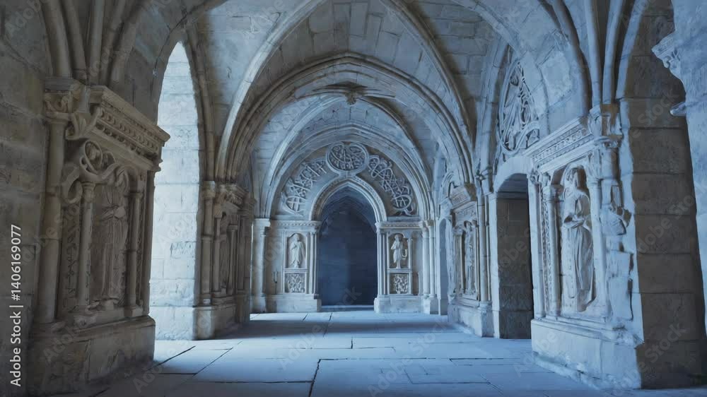 Hallway with Stone Arches and Carved Details in Gothic Architecture Style with Dim Lighting Hallway with Stone Arches and Carved Details in Gothic Architecture Style with Dim Lighting