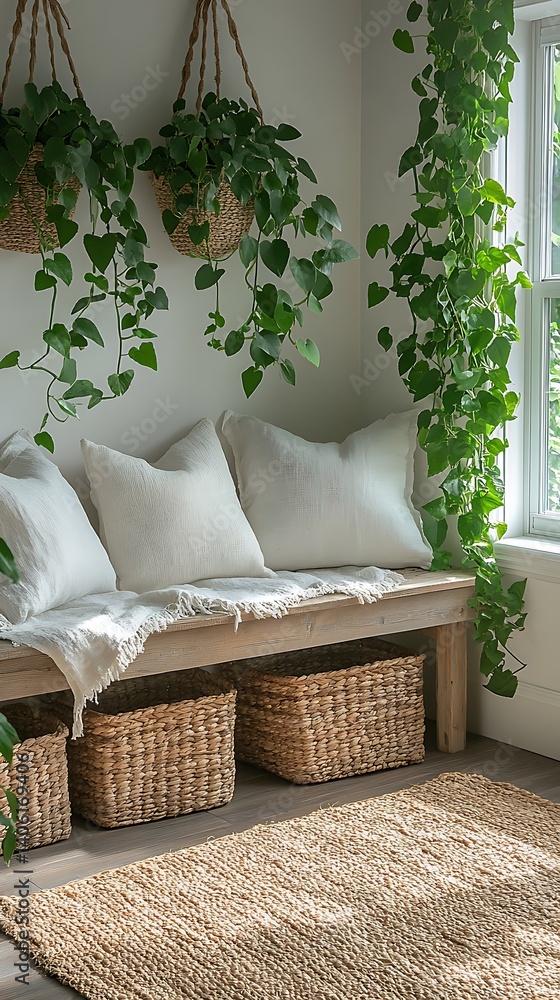 Comfortable Corner with Wooden Bench, Natural Baskets, Pillows, and Lush Greenery near Window for Relaxing Interior Decor.