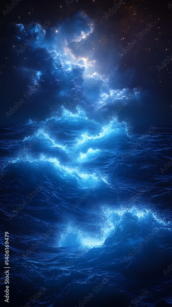 Fototapeta premium Mystical Ocean Waves Under Starry Night With Clouds Stock Photo