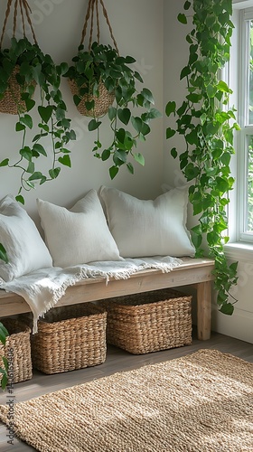 Obraz na płótnie Comfortable Corner with Wooden Bench, Natural Baskets, Pillows, and Lush Greenery near Window for Relaxing Interior Decor. w salonie