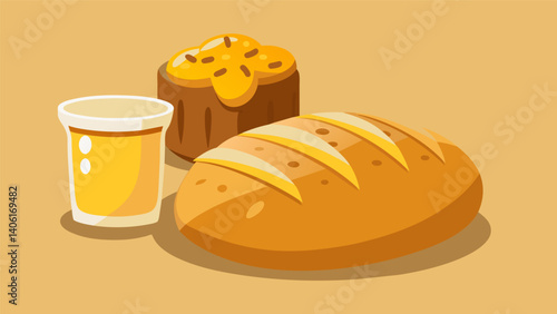 A hearty rye bread baked with whole grain mustard and served with a side of creamy beer and cheddar dip.. Vector illustration