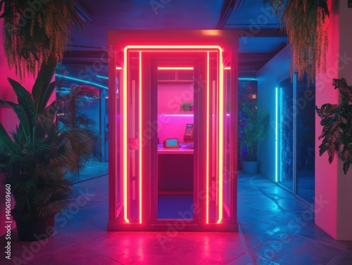 Office inside a phone booth with surreal communication and neon lighting below