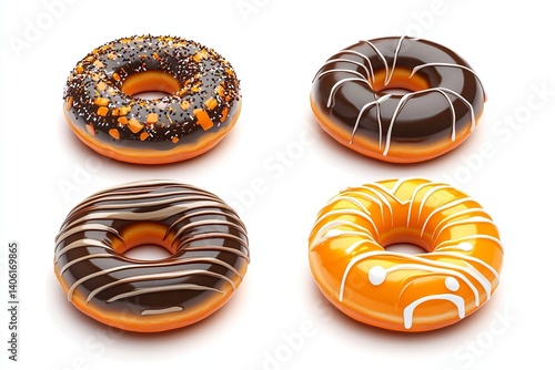 A view of four donuts with different toppings on a white background in a studio setting view