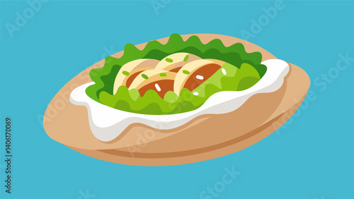 A mini whole grain pita filled with shredded chicken diced cucumbers and a drizzle of tzatziki sauce.. Vector illustration