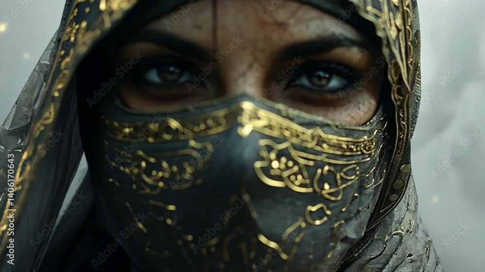 Mysterious Desert Warrior Woman: Golden Embroidered Veil Mysterious Desert Warrior Woman: Golden Embroidered Veil