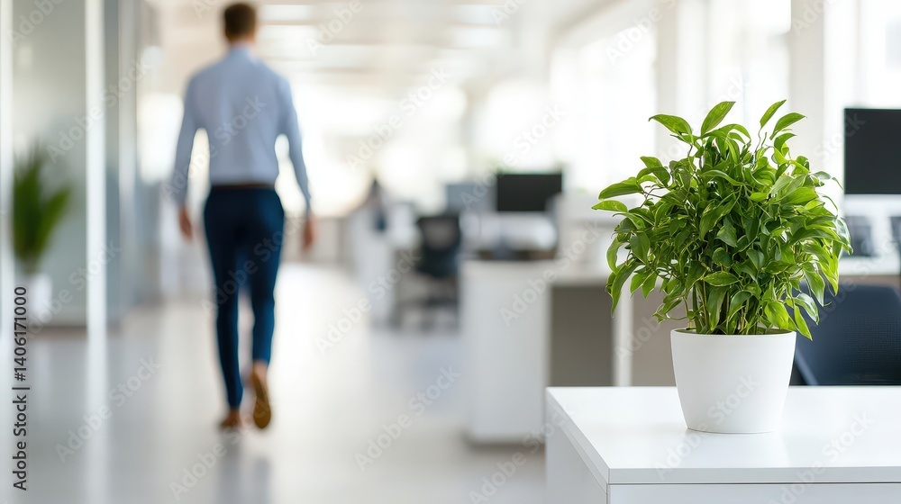 Modern office environment featuring a green plant on a desk while a professional man walks towards the workspace during a bright day Modern office environment featuring a green plant on a desk while a professional man walks towards the workspace during a bright day