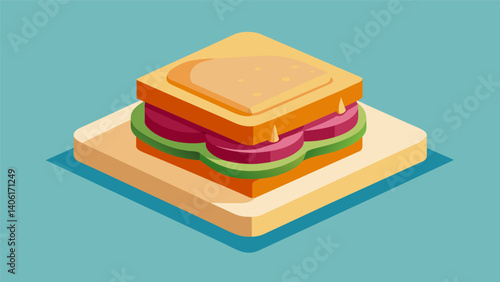A futuristic take on the classic PBJ with geometric shapes of peanut butter and jelly layered together on a square of crustless white bread.. Vector illustration