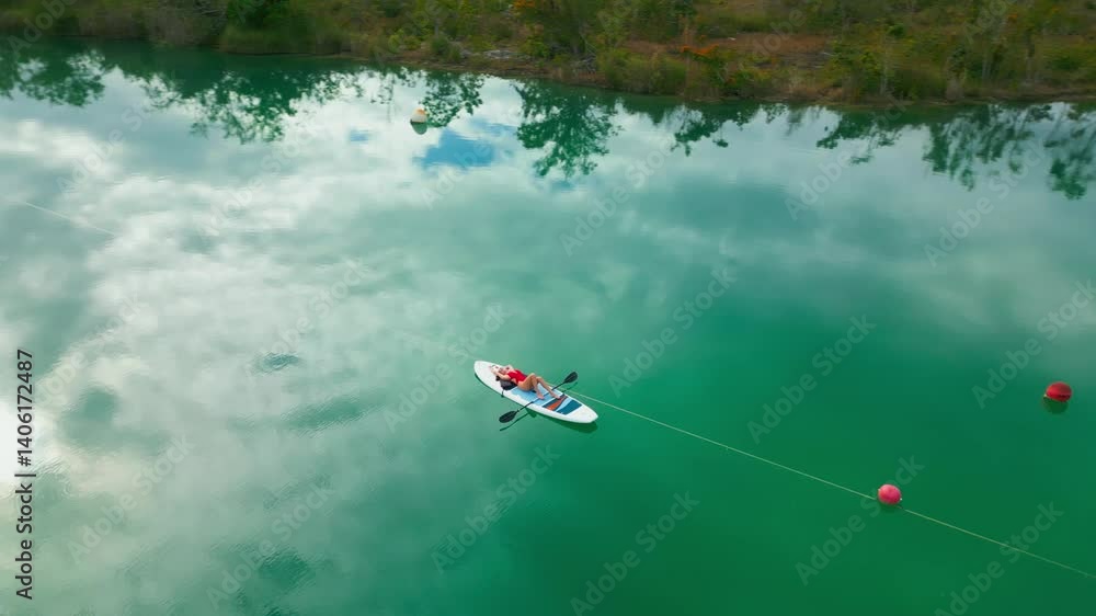 Aerial view of woman lying on a paddleboard on the lake in Cap Cana Aerial view of woman lying on a paddleboard on the lake in Cap Cana