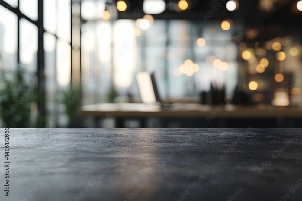 Obraz premium Dark Tabletop with Blurred Modern Office Background