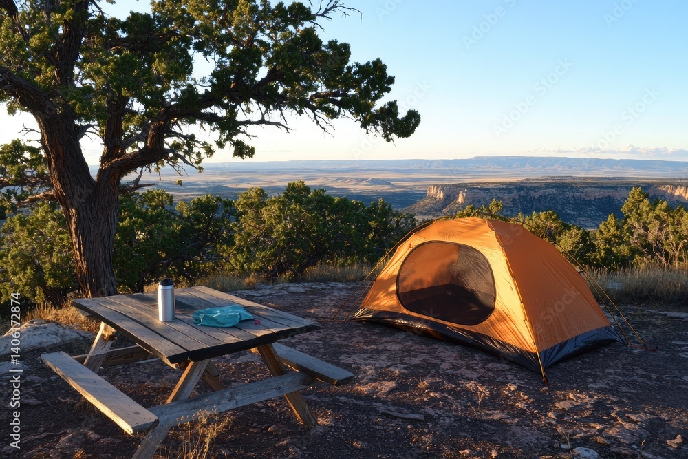 Camping tent on cliff overlooking scenic landscape travel and adventure