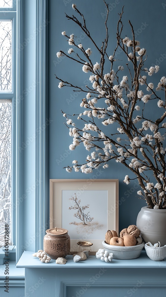 Cozy home decor featuring flowering branches, artwork, stoneware jar, and bowls on a blue shelf near window.