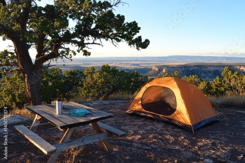 Obraz na płótnie Camping tent on cliff overlooking scenic landscape travel and adventure w salonie