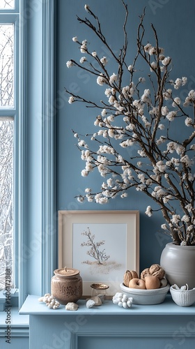 Obraz na płótnie Cozy home decor featuring flowering branches, artwork, stoneware jar, and bowls on a blue shelf near window. w salonie