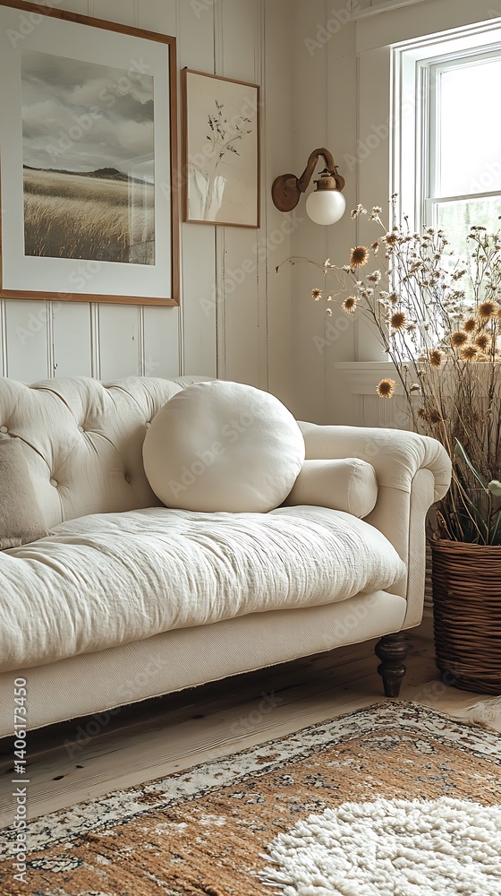 Cozy Home Interior with Neutral Toned Sofa, Natural Light, and Rustic Accents Creating a Serene Living Space.