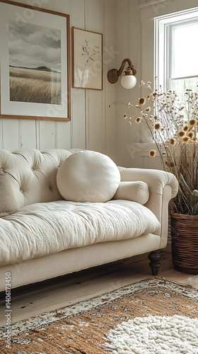 Obraz na płótnie Cozy Home Interior with Neutral Toned Sofa, Natural Light, and Rustic Accents Creating a Serene Living Space. w salonie