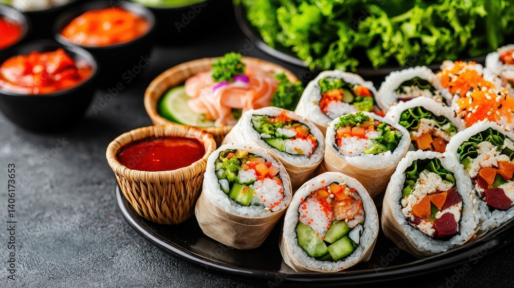 Freshly prepared sushi rolls arranged on a black plate with dipping sauces and colorful garnishes in a vibrant culinary setting Freshly prepared sushi rolls arranged on a black plate with dipping sauces and colorful garnishes in a vibrant culinary setting