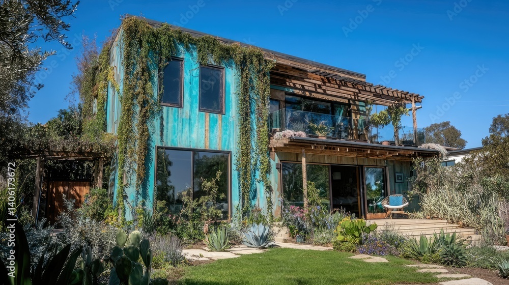 Stunning Coastal Home with Lush Greenery and Turquoise Exterior Stunning Coastal Home with Lush Greenery and Turquoise Exterior