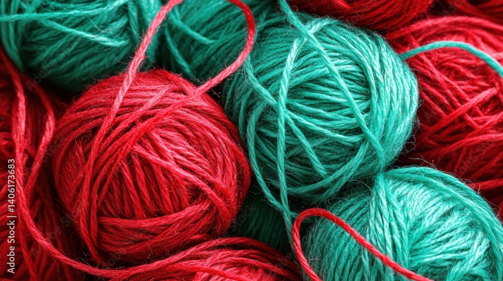 Colorful yarn balls in red and green hues stacked together. Colorful yarn balls in red and green hues stacked together.
