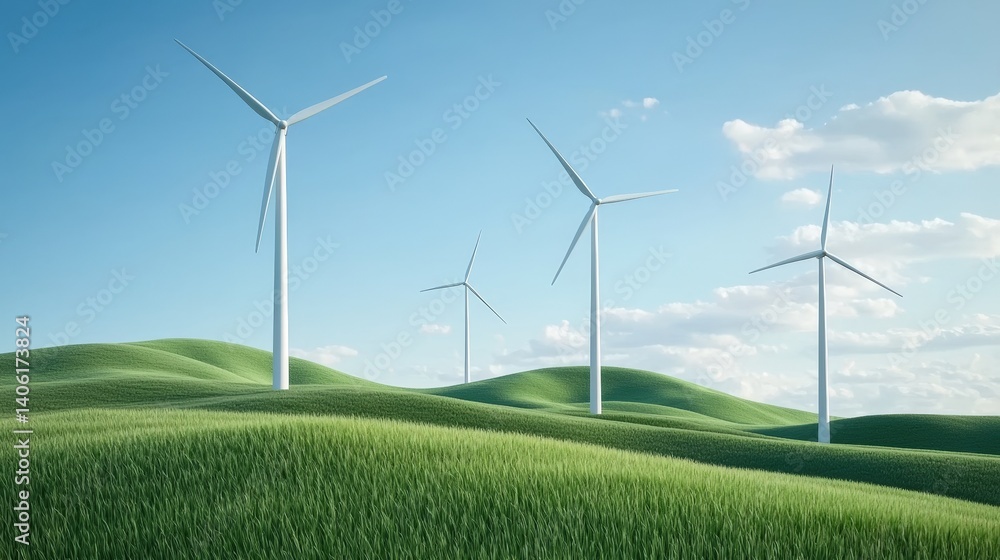 Wind turbines stand tall on rolling green hills under a clear blue sky, showcasing renewable energy in an expansive landscape during a sunny afternoon Wind turbines stand tall on rolling green hills under a clear blue sky, showcasing renewable energy in an expansive landscape during a sunny afternoon