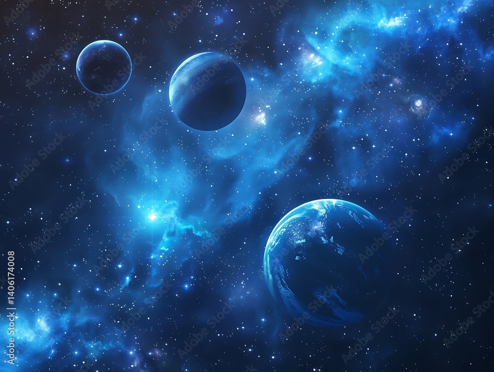 Obraz premium A background of dark blue space with several planets floating in the distance, with high resolution