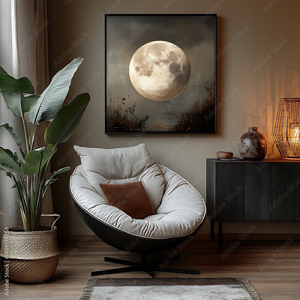 Cozy Interior Design with Modern Chair, Tropical Plant, Moon Art, and Stylish Decor for a Relaxing Atmosphere.