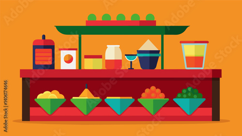 A colorful snack station with a buildyourown chip and dip bar complete with a variety of salsas dips and toppings.. Vector illustration