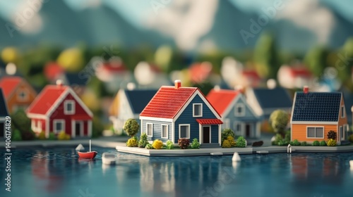 Small colorful houses along a serene waterway in a picturesque countryside setting with mountains in the background showcasing a tranquil neighborhood atmosphere