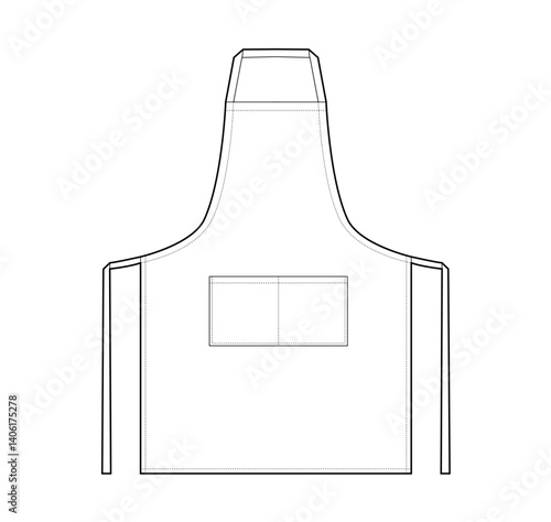 Bib Apron With Pocket technical fashion illustration. Chef studio uniform for cooking Flat sketch outline apparel template front view. Women, men unisex CAD mockup isolated on white background