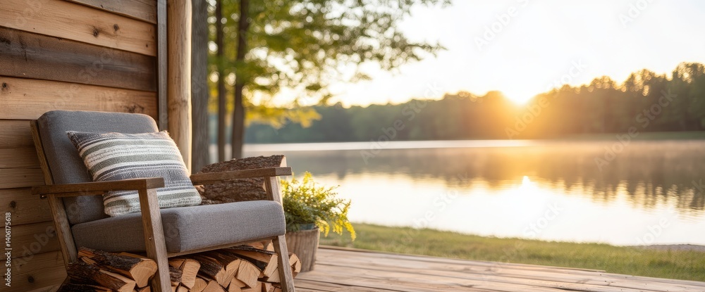 Fototapeta premium Chair on porch overlooking lake scene firewood stacked below