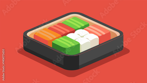 A compact bento box filled with tasty bitesized sushi pieces paired with perfectly steamed rice and crisp cucumber salad.. Vector illustration