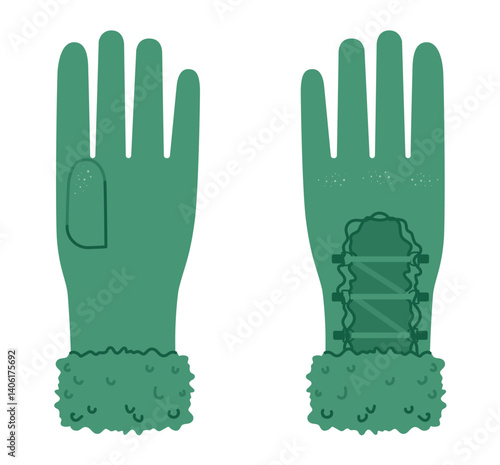 Igloo Fur Gloves Wrist length emerald green cartoon Fashion hand accessory clothing technical illustration garment. Vector front palm back view for Men, women style flat template CAD mockup on white