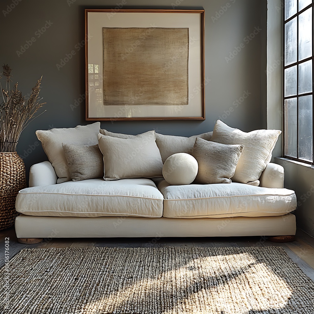 Cozy living area featuring a soft sofa with cushions, artwork, and natural light creates a serene atmosphere.