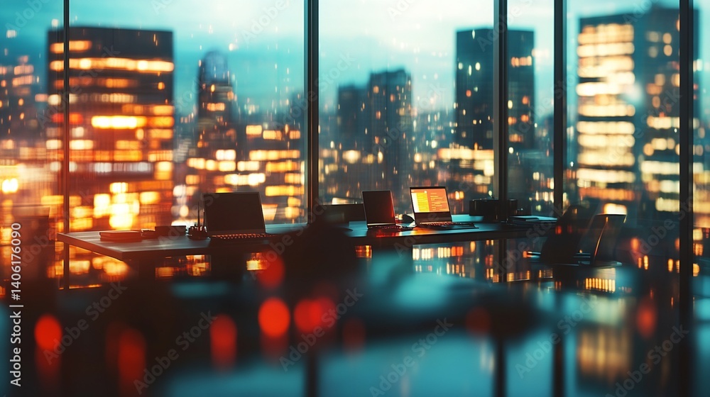 Fototapeta premium Night Cityscape Office with Laptops