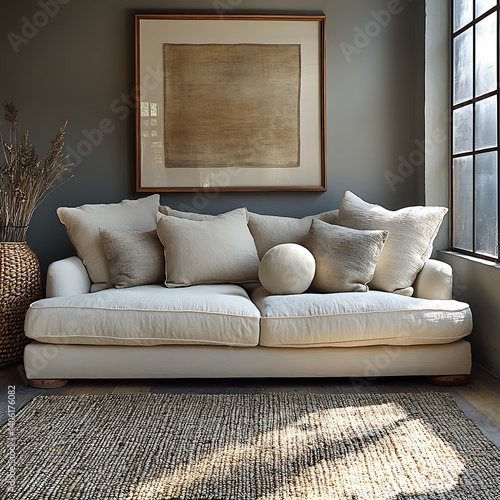 Obraz na płótnie Cozy living area featuring a soft sofa with cushions, artwork, and natural light creates a serene atmosphere. w salonie