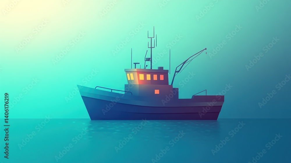 Fototapeta premium Fishing Boat on Calm Waters A Serene Maritime Scene with Soft Lighting and Detailed Features