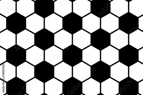 Repeated black and white hexagon shapes pattern. Soccer ball surface. Football game background. Mosaic geometric texture. Tile floor, fence or net surface. Vector graphic illustration.