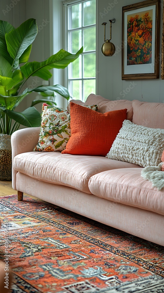 Cozy Living Room Interior Featuring a Peach Sofa, Throw Pillows, a Patterned Rug, and a Large Potted Plant Near the Window.