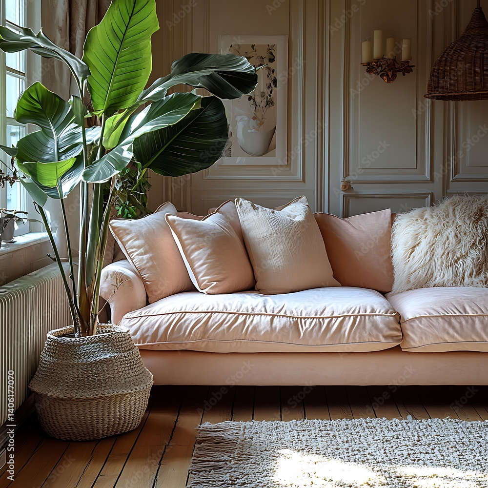 Cozy Living Room Interior Design: Soft Cushions on a Comfortable Couch with a Large Plant by the Window.