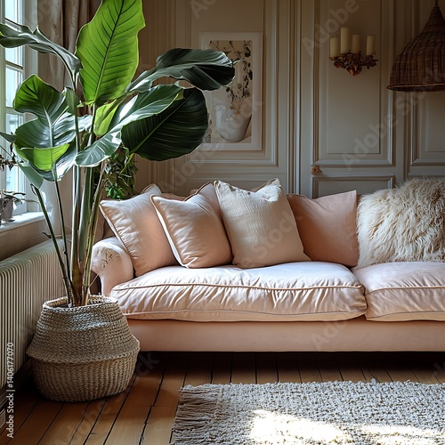 Obraz na płótnie Cozy Living Room Interior Design: Soft Cushions on a Comfortable Couch with a Large Plant by the Window. w salonie