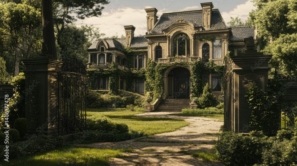 Naklejka premium Grand Victorian Mansion, Enveloped by Nature's Embrace