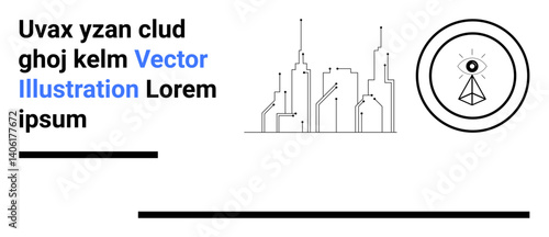 Minimalistic cityscape design with geometric lines, abstract circular symbol featuring an eye and pyramid. Ideal for technology, futurism, AI, vision, architecture, modern design, simple landing page