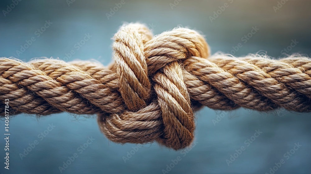 A close-up view of a complex knot in a thick rope. A close-up view of a complex knot in a thick rope.