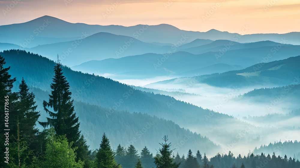 Serene Nature Background with Soft-Focus Forest and Sunrise Sky – Atmospheric Landscape for Design Use Serene Nature Background with Soft-Focus Forest and Sunrise Sky – Atmospheric Landscape for Design Use