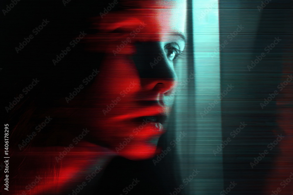 Shadow figure with glitch distortion and low-key lighting with space for branding