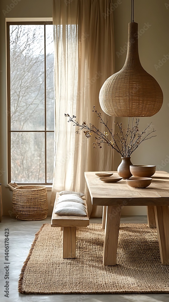 Cozy minimalist dining room with natural textures, featuring a rustic wood table, woven pendant light, and serene window view.