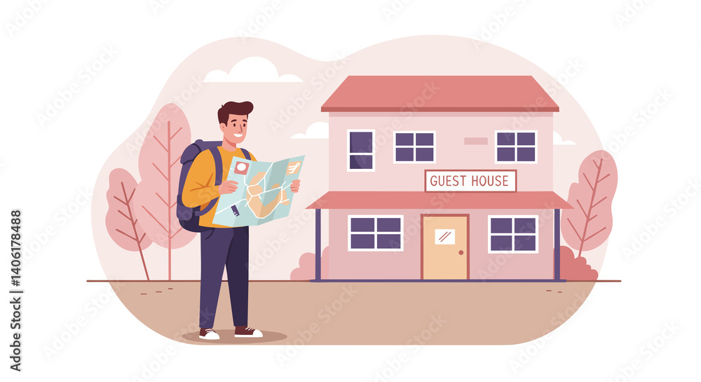 Traveler exploring a map outside a guest house in nature Traveler exploring a map outside a guest house in nature